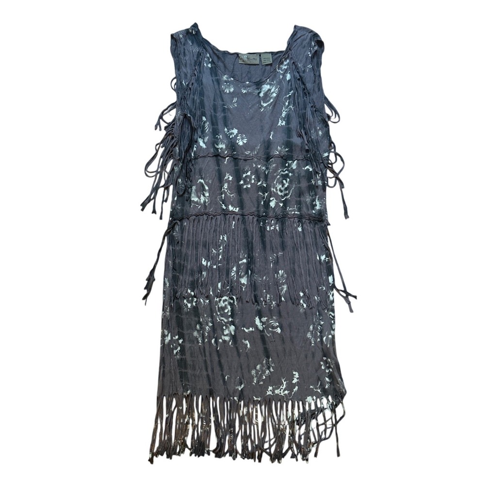 Miss Me Fringe Mini Dress Womens Gray Floral‎ Tie Dye Boho Western SIZE S